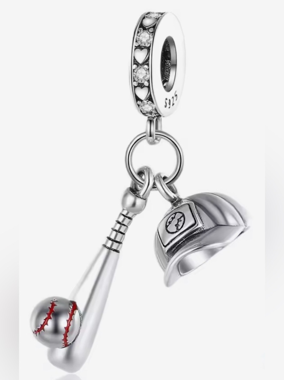 Silver Baseball Bat, Baseball & Helmet Dangle Charm